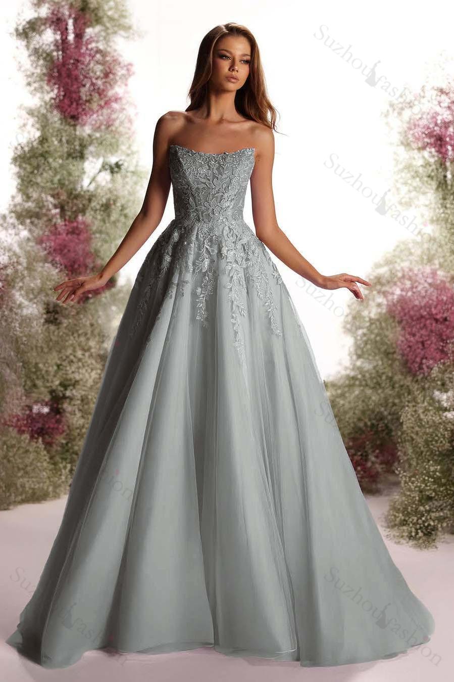 Tulle Strapless Sleeveless Long A Line Evening Formal Dress With Appliques