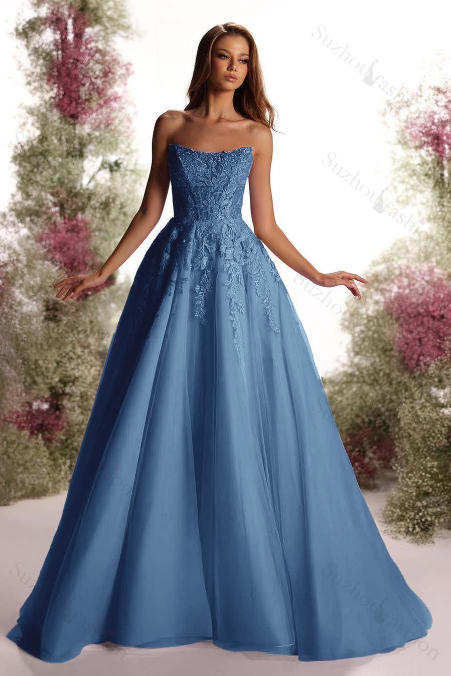 Tulle Strapless Sleeveless Long A Line Evening Formal Dress With Appliques