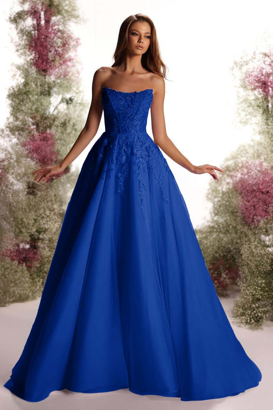 Tulle Strapless Sleeveless Long A Line Evening Formal Dress With Appliques