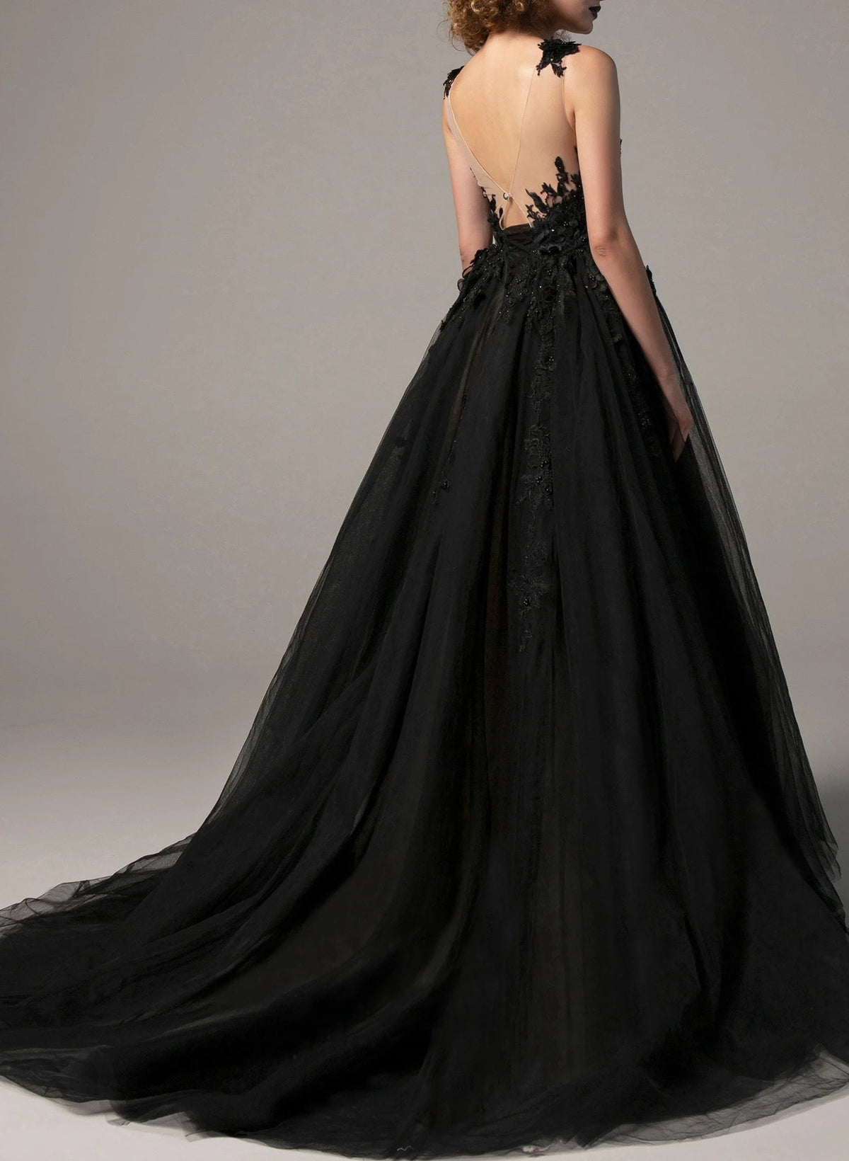 Tulle Wedding Dress 3D Floral Black A Line Bridal Gown with Slit