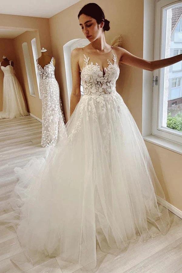 Tulle A-line Sheer Neck Beach Wedding Dress With Lace Appliques (ZD16155) - VelvetHem