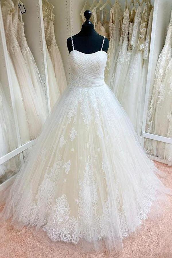 Tulle Lace Spaghetti Straps Appliqued Ball Gown Wedding Dresses (ZD16240) - VelvetHem