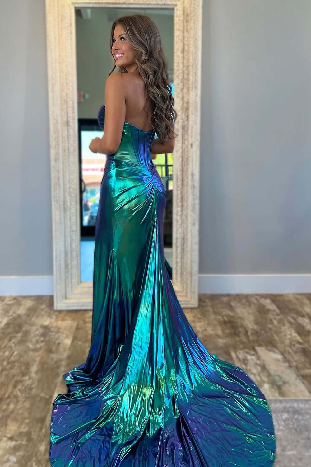 Turquoise Prom Dress Mermaid Ruche Metallic Long Formal Dress With Slit