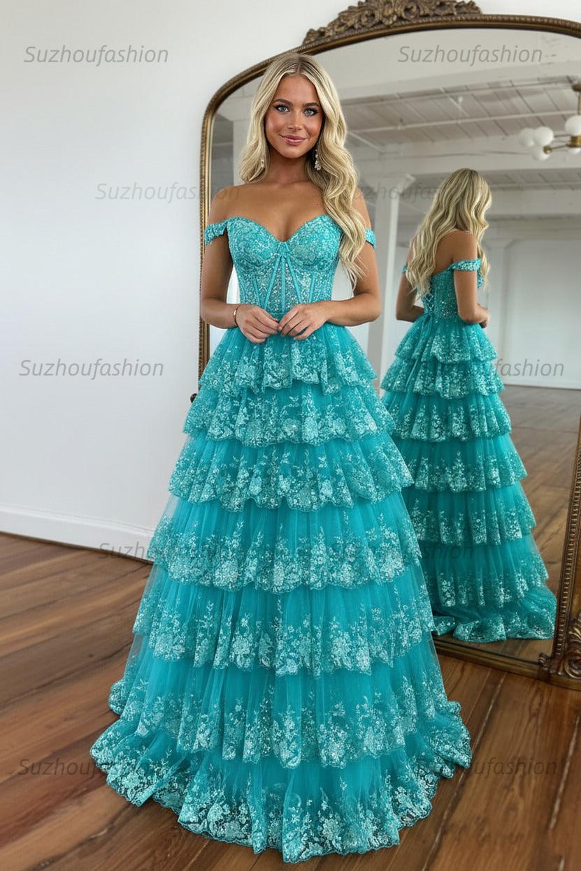 Glitter Hot Pink Corset Off the Shoulder Lace Long Prom Dress