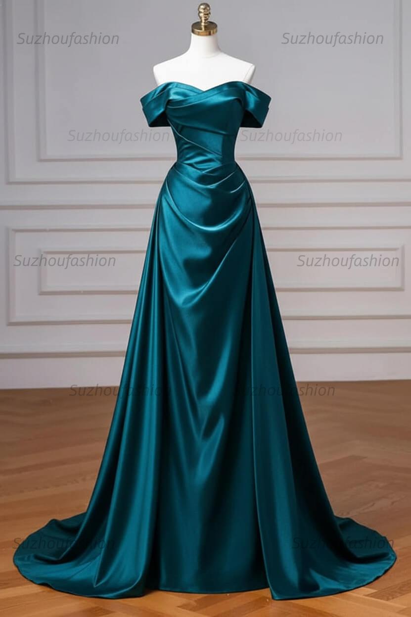 Navy Prom Dress Blue Off The Shoulder Formal Dress with Detachable Train
