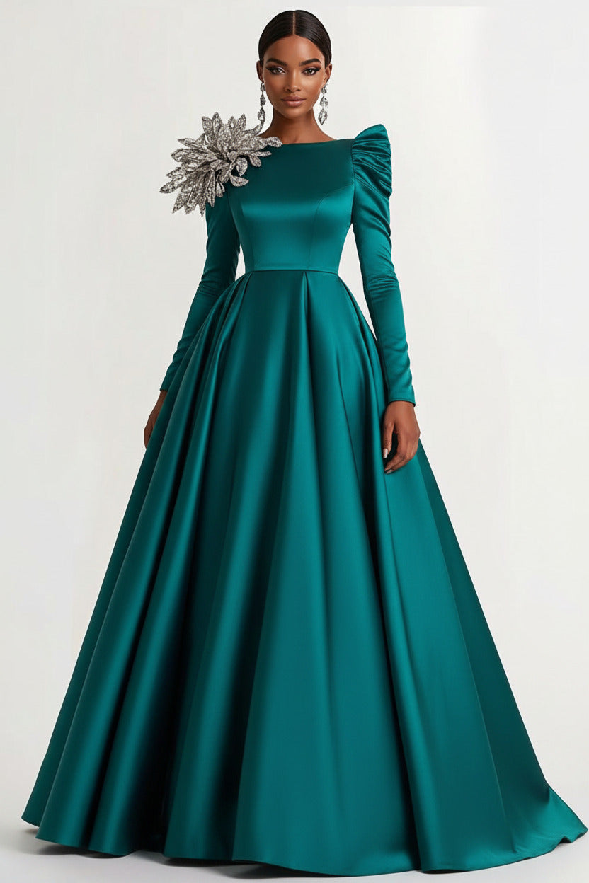 A-Line Long Black Wedding Guest Dress Satin Boat Neck Formal Dress With Long Sleeves