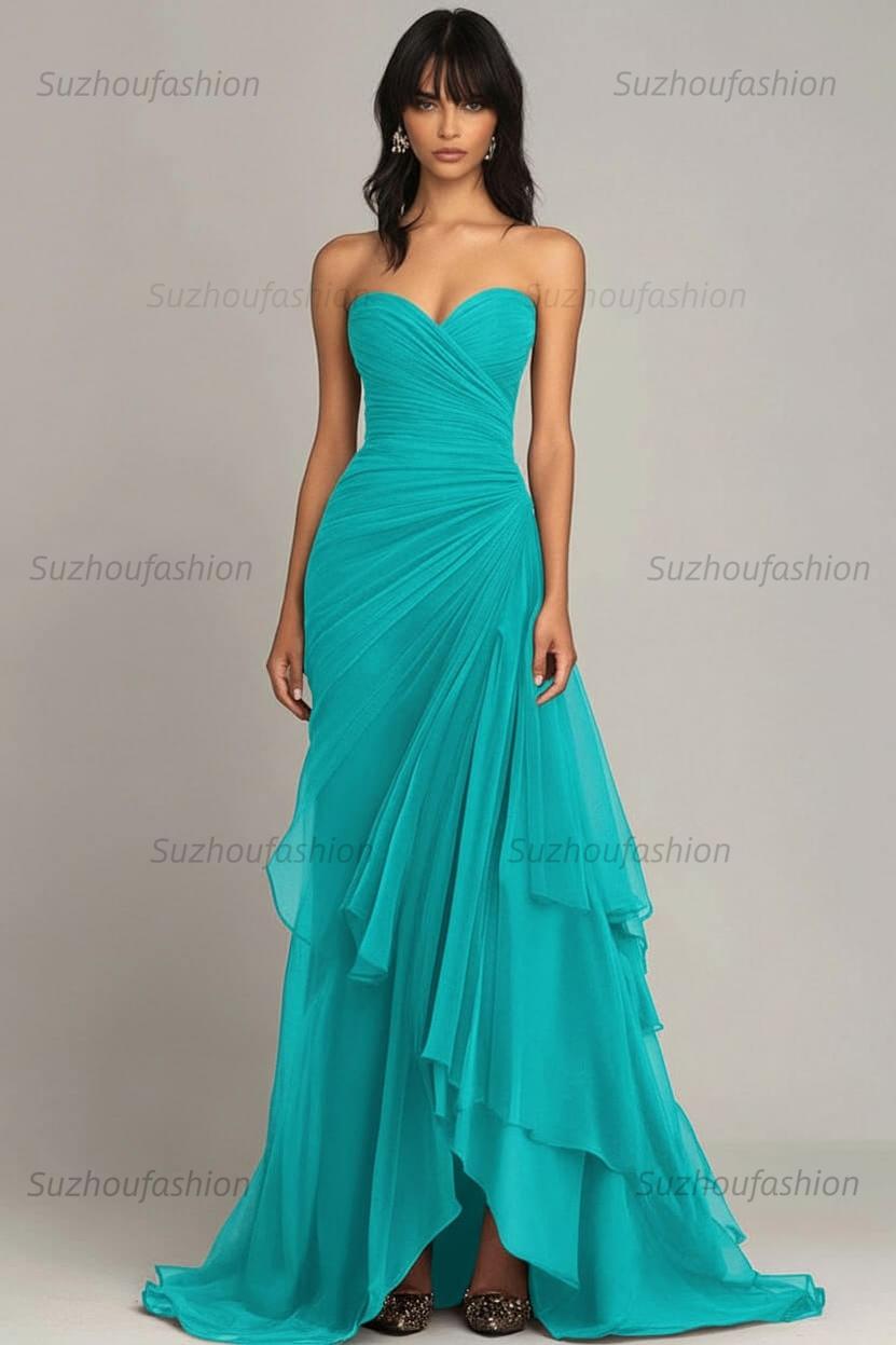 Elegant Sweetheart Ruched Dark Brown Long Formal Dress With Ruffles