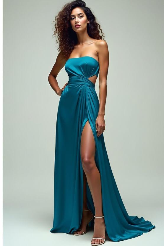 Ruched Square Neck Lemon Green Wedding Guest Dress Long Formal Dress With Slit