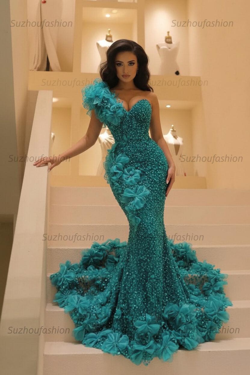 Burgundy One Shoulder Prom Dress Mermaid Sequined Formal Evening Dress with 3D Flowers
