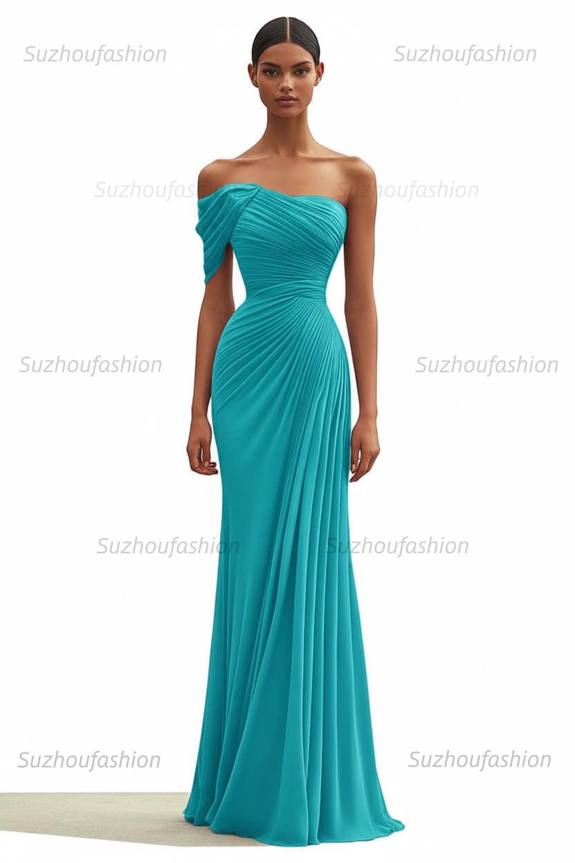 One Shoulder Ruched Mermaid Dark Green Wedding Guest Dress Long Formal Dress