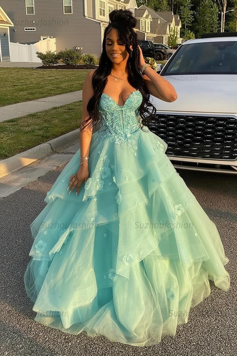 Sage Prom Dress Floral Tiered Ruffles A-Line Sweetheart Corset Long Formal Dress