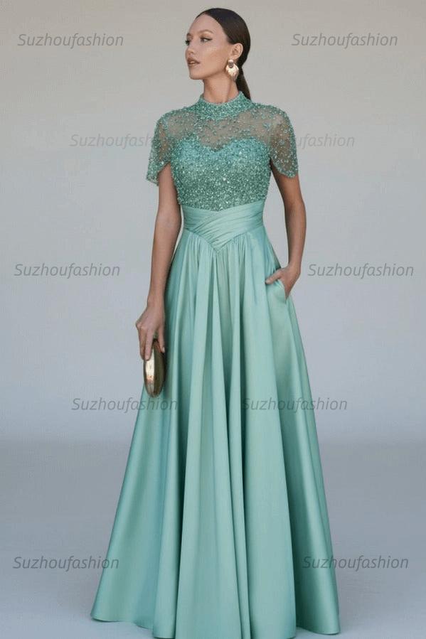 High Neck Short Sleeves Long Evening Formal Dress With Beading Pockets