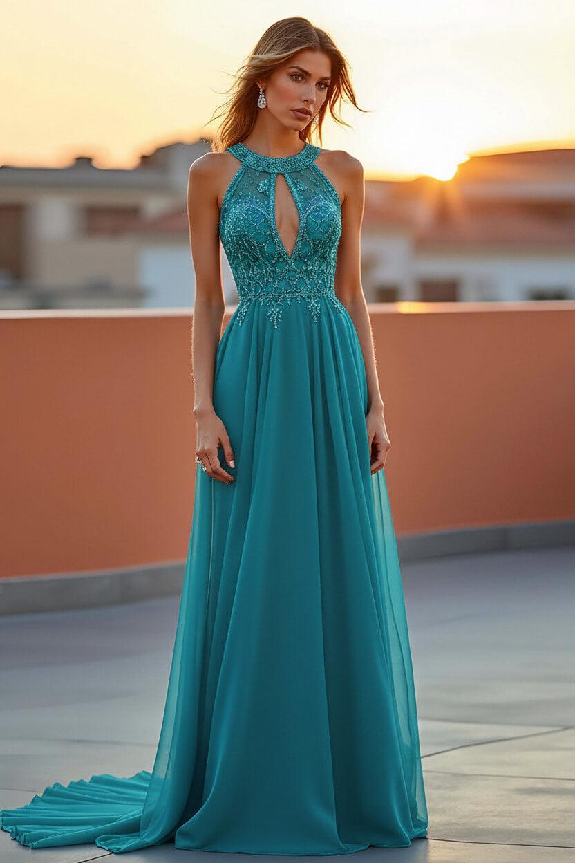 Beaded Navy Wedding Guest Dress Halter Long Formal Dress With Embroideries