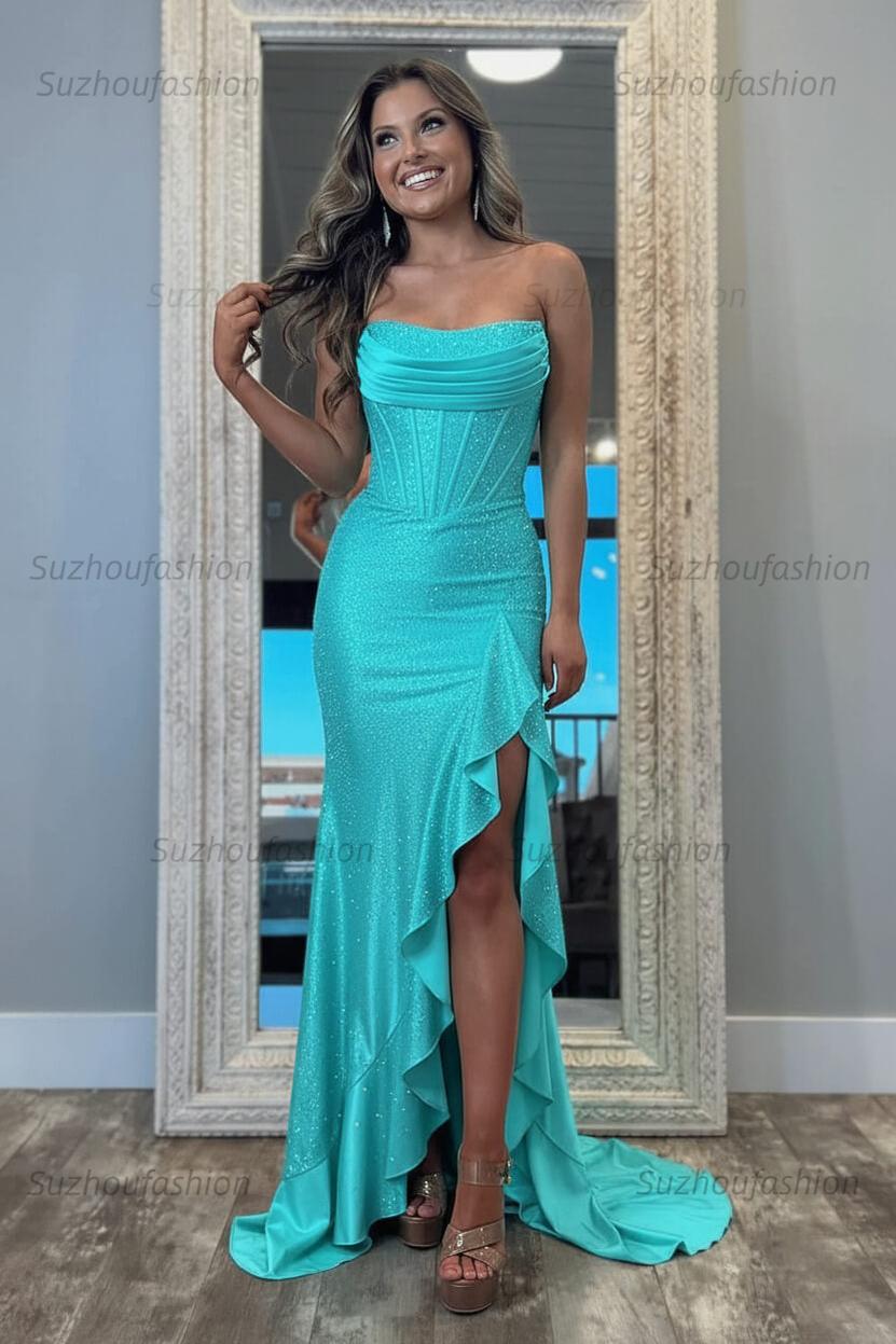 Hot Pink Beaded Prom Dress Corset Ruffled Strapless Formal Dress With Slit