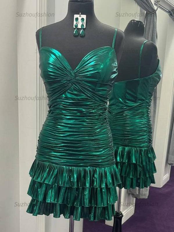 Suzhoufashion Twist Knot Ruched Metallic Ruffle Short Homecoming Dress