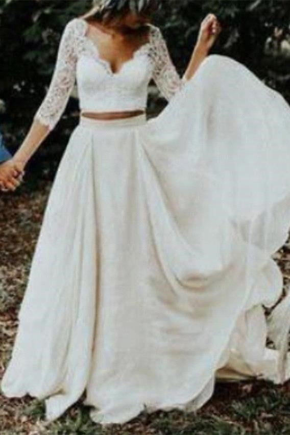 Two Piece Tulle Appliques Beach Wedding Dress 3/4 Sleeves Bridal Gowns with Train