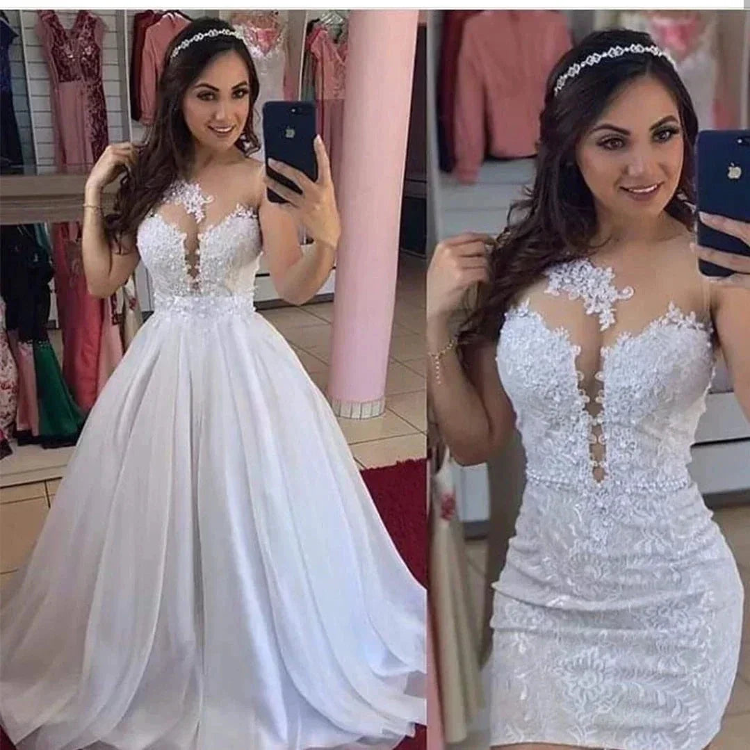 Two Pieces Detachable Train Wedding Dresses Sheath Illusion Lace 2 in 1 Bridal Gowns Vestidos de noiva (ZD14035) - VelvetHem