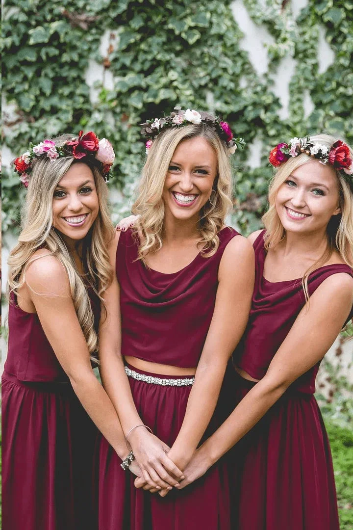 Two Piece A Line Burgundy Long Bridesmaid Dresses (ZD13268)