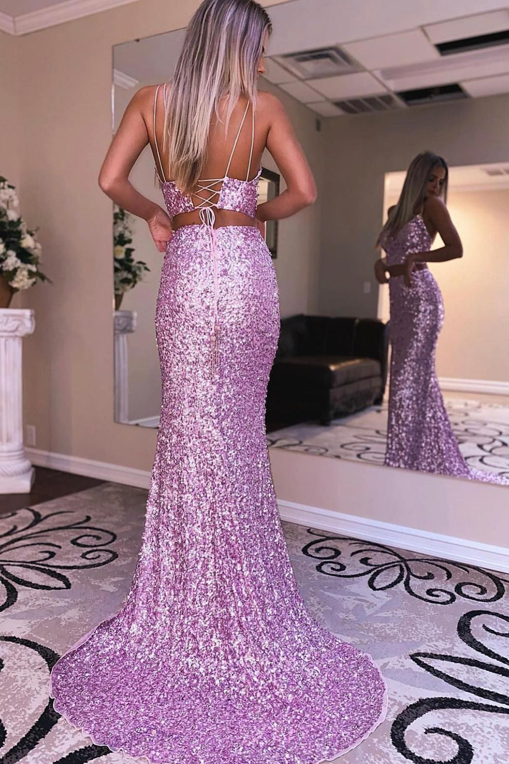 Two Piece Spaghetti Straps Hot Pink Sequins Long Prom Dress with Split Front
