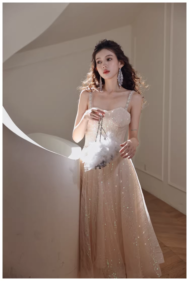 Elegant Light Champagne Tulle Sequin Beaded A Line Mid Length Birthday Prom Dress Evening Gown - View 4 | VelvetHem
