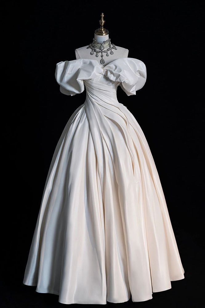 White Off the Shoulder Puffy Wedding Dress, Floor Length Satin Bridal Dresses - VelvetHem