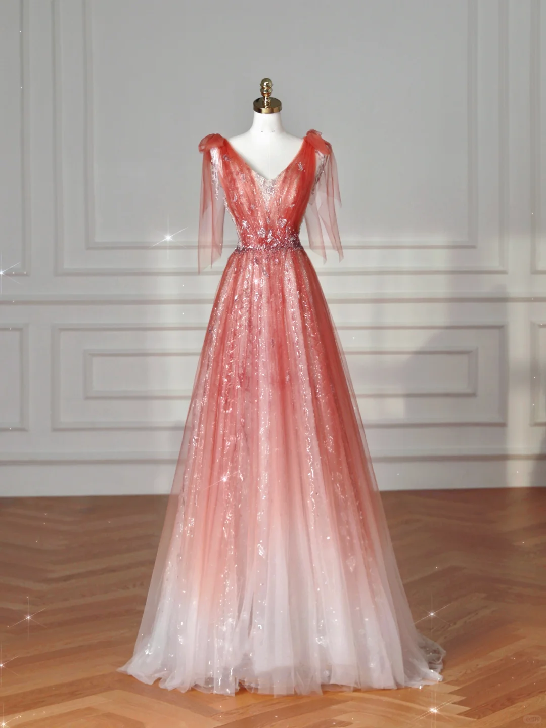 Elegant V Neck Tulle Sequins Prom Dress Strawberry Pink A Line Long Evening Dress Y8614 - VelvetHem