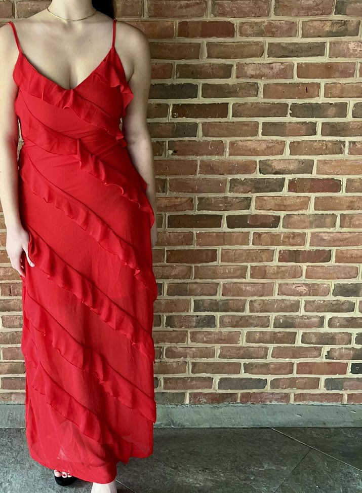 Sexy Red Flounce V Neck Prom Dress,Red Formal Gown - VelvetHem