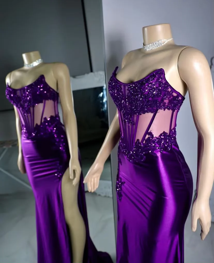 Purple Strapless Satin Lace Appliques Prom Party Dress Mermaid Sexy Split Evening Dress Y8121