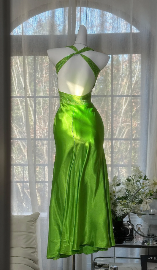 Unique Green Halter Satin Beaded Mermaid Party Dress Backless Long Evening Dress Wedding Guest Dress - View 3 | VelvetHem