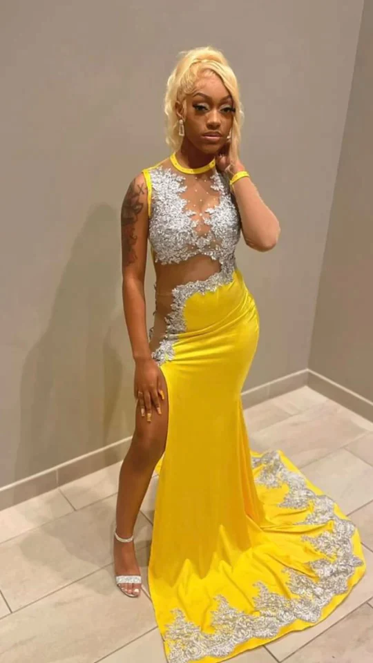 black girl yellow lace evening dresses,silver lace prom dresses, sexy evening dresses - VelvetHem