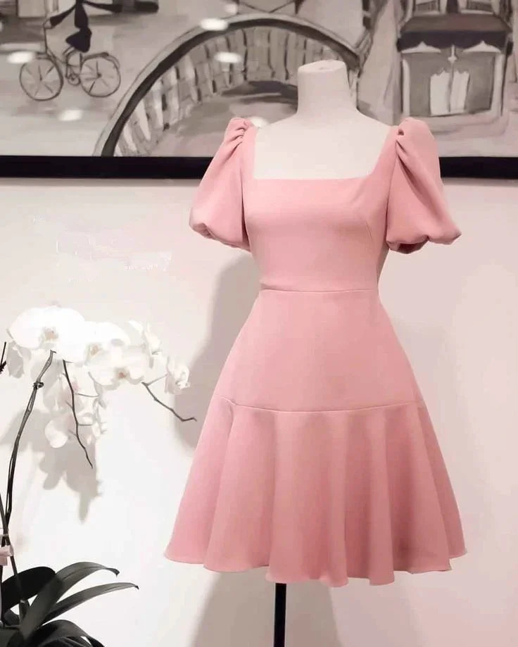 Retro Pink Square Neckline A-line Homecoming Dress (ZD11884) - VelvetHem