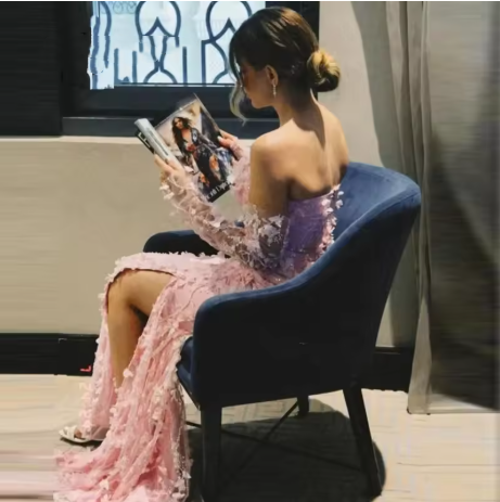 Elegant Pink Strapless Tulle Appliques Beaded Slit Mermaid Evening Dress Long Party Dress - View 4 | VelvetHem
