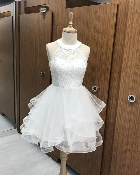 Short Organza Ruffles Homecoming Dresses Lace Halter - VelvetHem