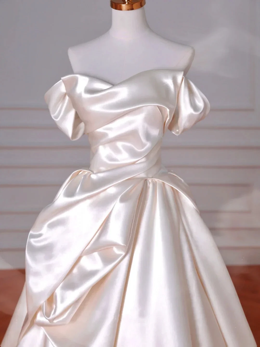 Classy Off The Shoulder Satin Pleated A Line Prom Evening Dress,White Wedding Dress (ZD13760)