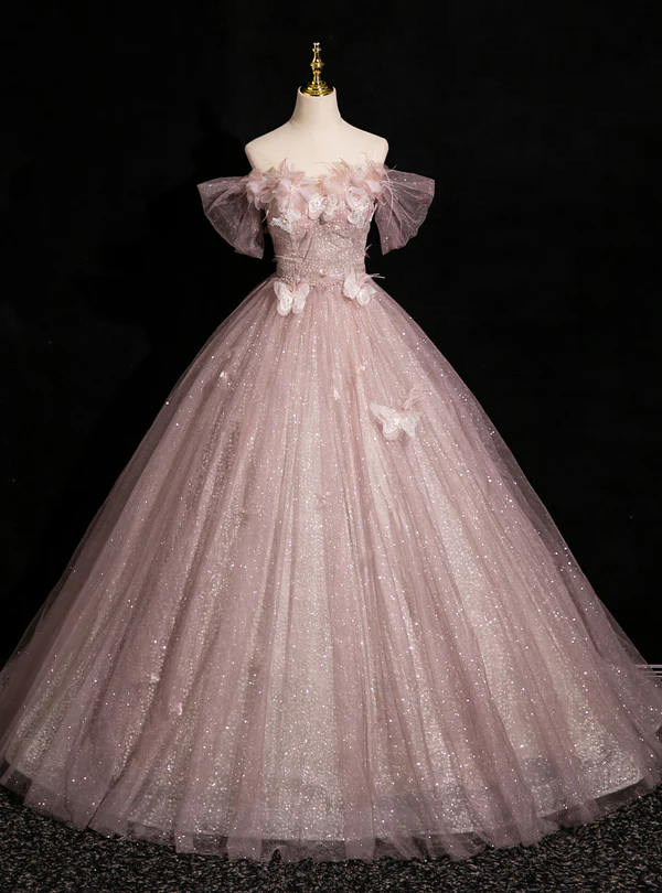 Pink Tulle Sequins Off the Shoulder Butterfly Flower Prom Dress Sweet Ball Gown - VelvetHem