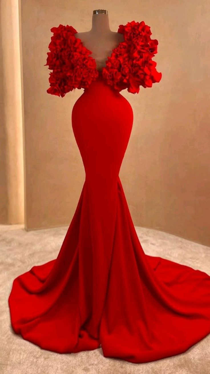 Women Red Long Evening Dress Mermaid Formal Dress Ruffles Cloud Shoulder Y4932 - VelvetHem