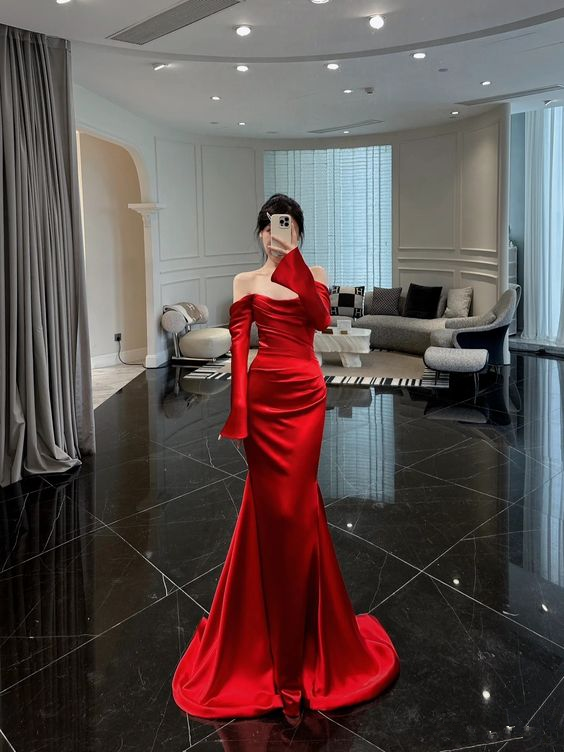 Classy Red Mermaid Long Sleeves Evening Dress Y6704 - VelvetHem