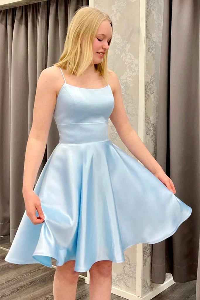 Cute Backless Short Light Blue Satin Homecoming Dress - VelvetHem