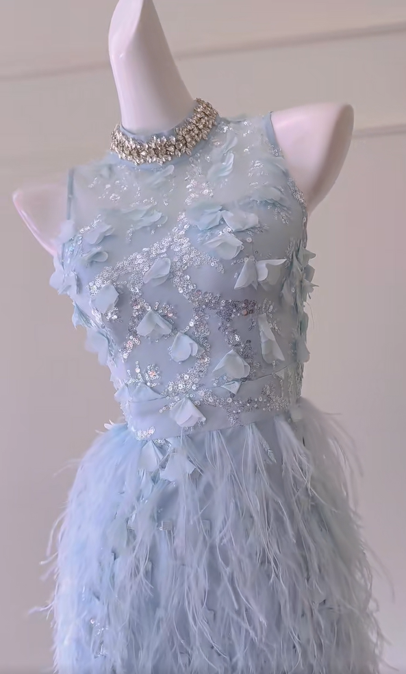 Cute Sky Blue Sleeveless Sequin Feathers Sheath Homecoming Dress Birthday Outfits - View 2 | VelvetHem