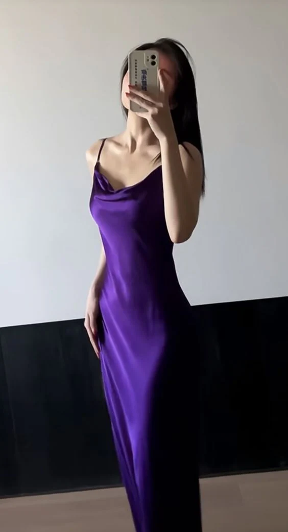 Chic Sheath Straps Grape Satin Long Prom Dress Evening Dress - VelvetHem