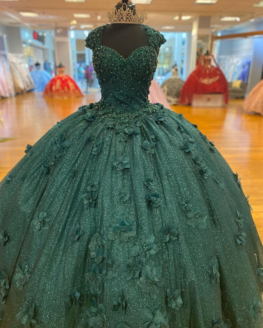 Green Princess Ball Gown Quinceanera Dresses Sweet 15 Party 3D Flowers Lace Applique Crystal Beads Sequin Birthday Gowns - VelvetHem