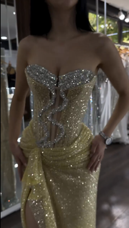 Glitter Strapless Yellow Sequin Beaded Mermaid Slit Evening Dress Formal Birthday Party Dress - View 2 | VelvetHem
