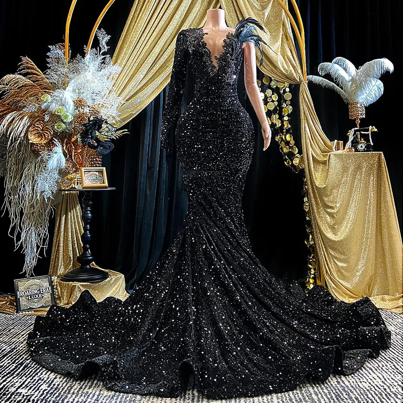 Black Sequins Rhinestone Applique Long Sleeve Mermaid Prom Dress Evening Dress Y8313 - VelvetHem