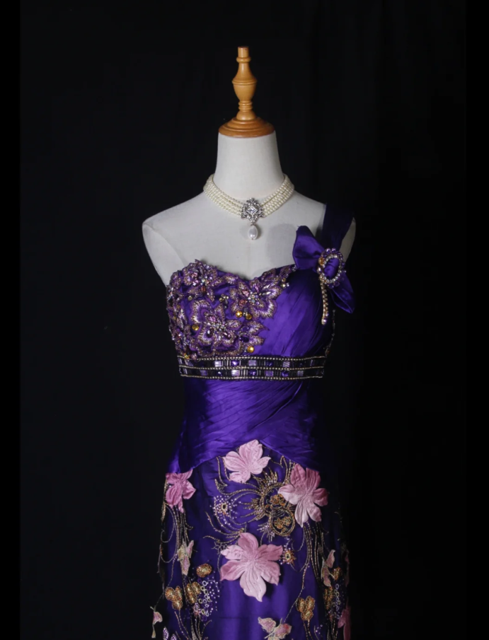 Charming Purple One Shoulder Satin Pleated Beaded Mermaid Prom Dress Evening Gown With Embroidery Appliques - View 2 | VelvetHem