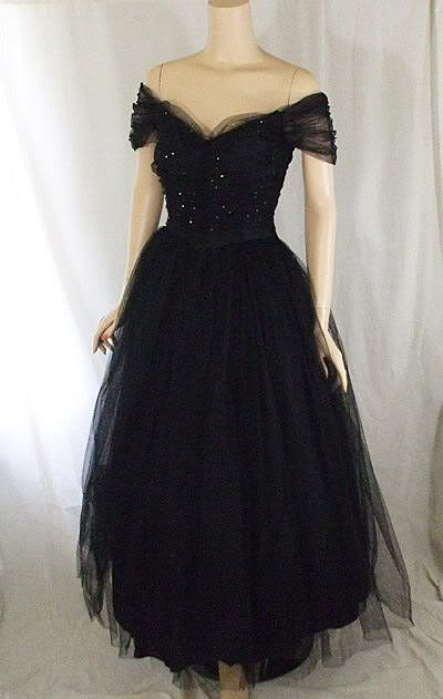 Vintage 1950s Black Tulle and Rhinestone Evening Dress - VelvetHem