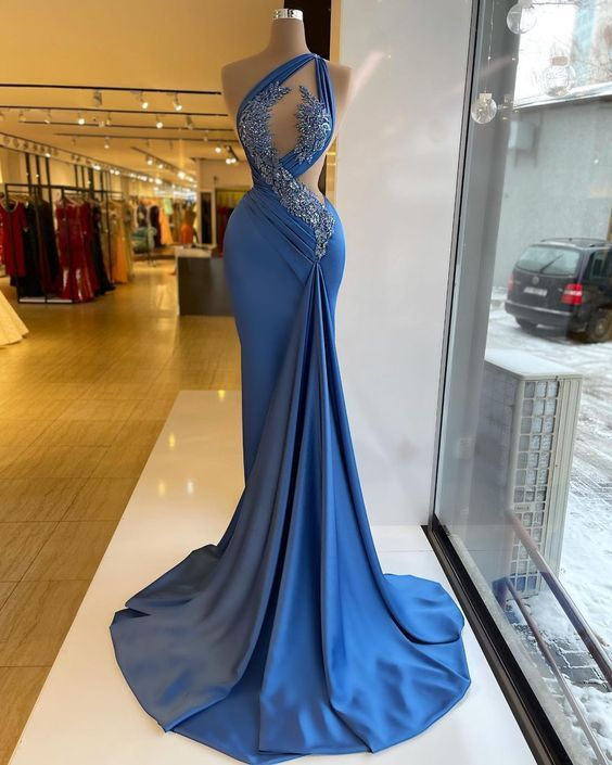Blue Prom Dresses One Shoulder Prom Dresses Sexy Prom Dresses Satin Prom Dresses Evening Gowns Y4353 - VelvetHem