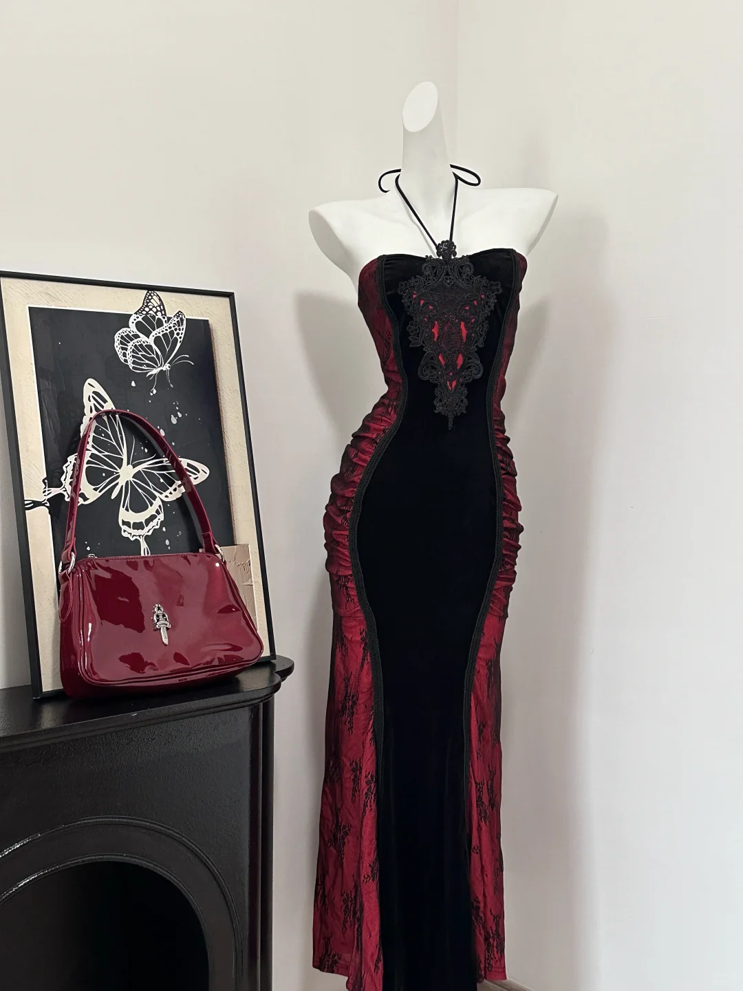 Sexy Halter Burgundy Sheath Long Birthday Party Dress Formal Prom Dress
