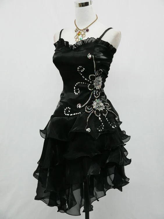 Sexy Straps Black Chiffon Beaded Cocktail Dress Homecoming Dress
