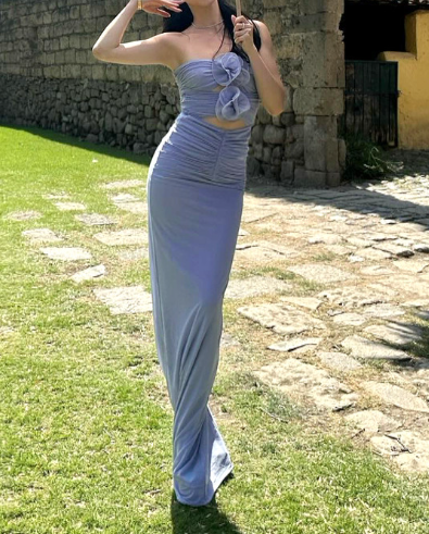 Chic Strapless Purple Sheath Prom Dress Long Party Dress With Flowers - View 3 | VelvetHem