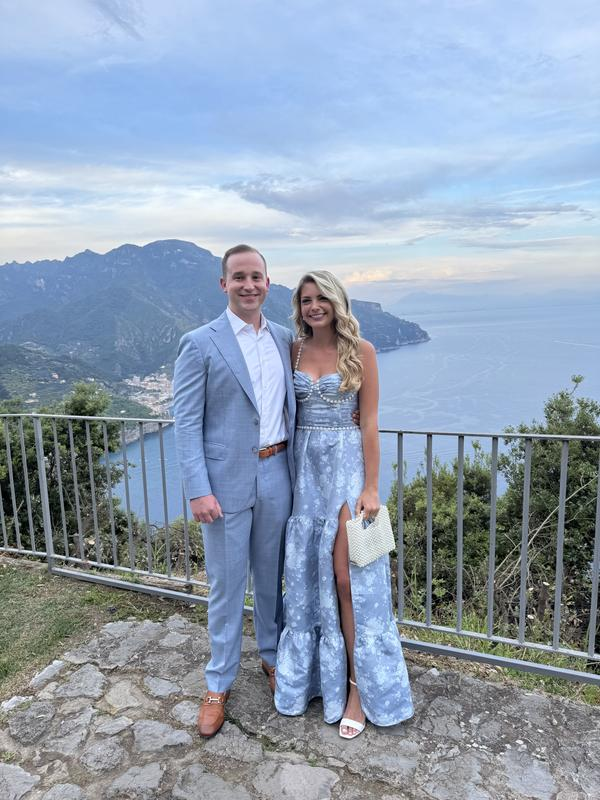 Gorgeous Blue Satin Print Floral Pearls Beaded Evening Dress, A Line Slit Party Prom Dress - VelvetHem